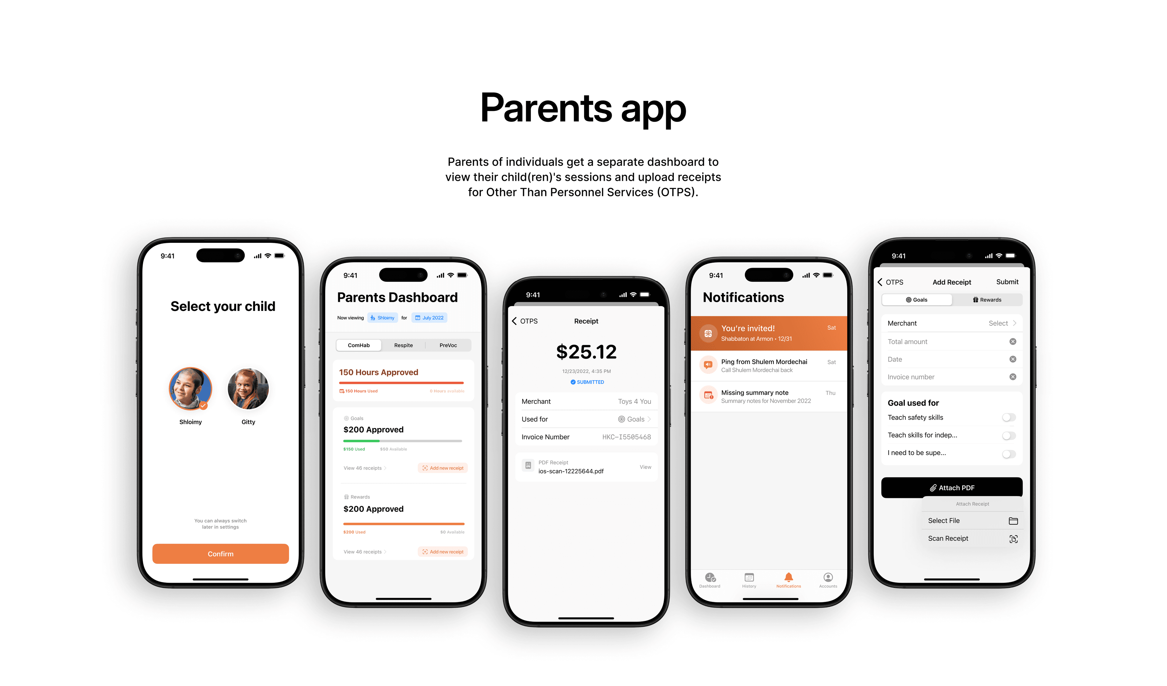 Parents of individuals get a separate dashboard to view their child(ren)'s sessions and upload receipts for Other Than Personnel Services (OTPS).