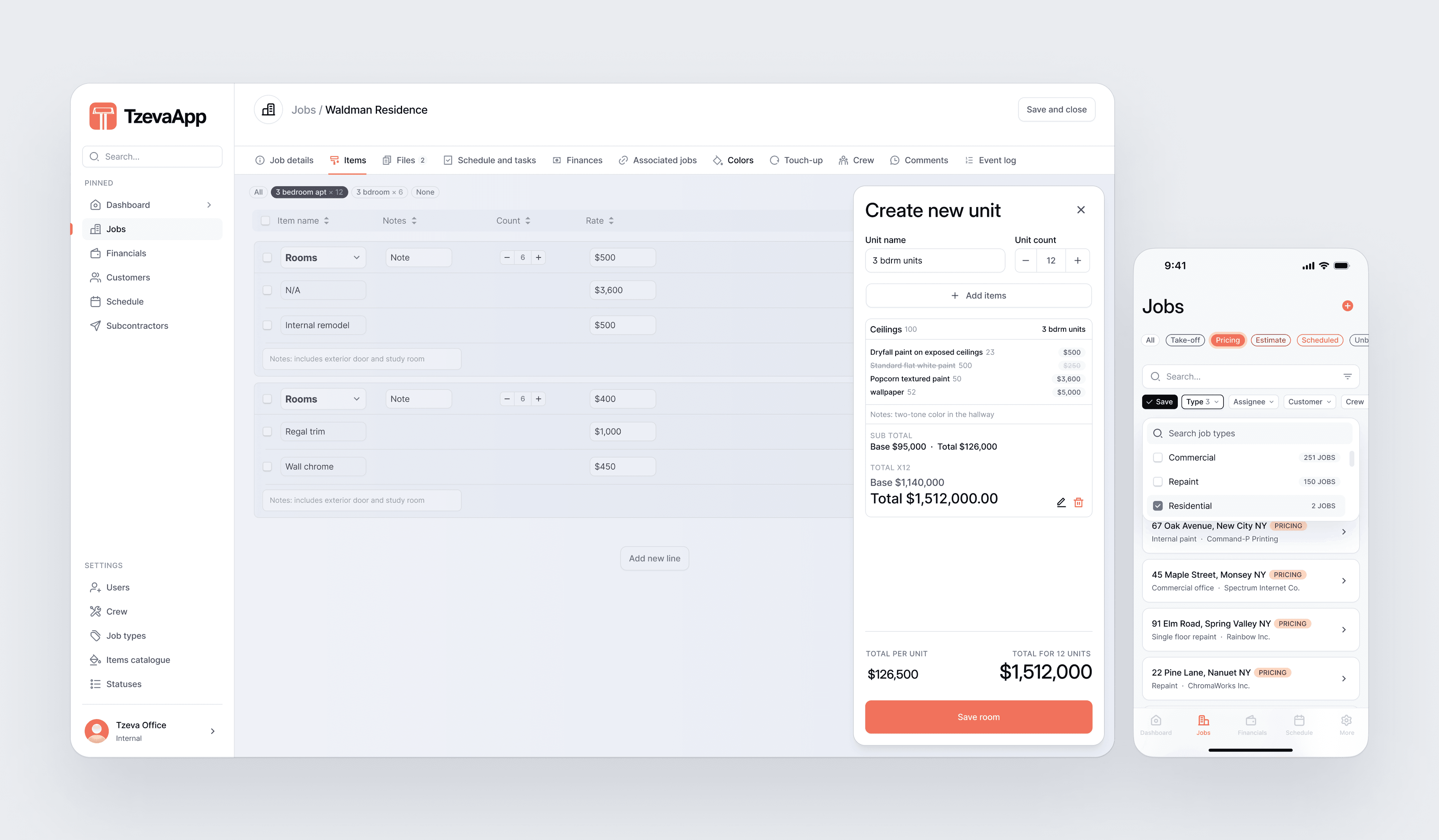 TzevaApp Dashboard and Job Details